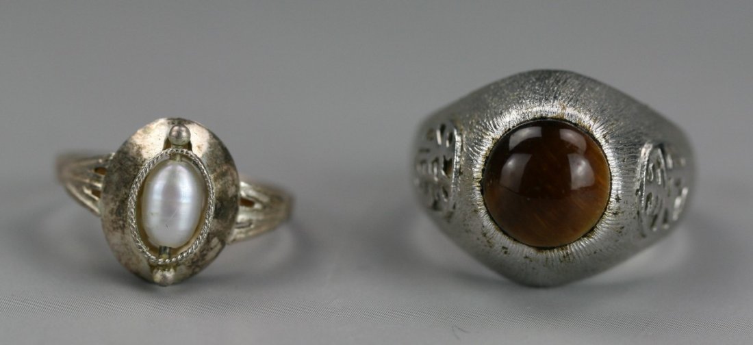 Two Chinese Pearl And Tiger Eye Silver Rings: Two Chinese Pearl And Tiger Eye Silver Rings; Size: 10 (Biggest), Stone Size: 11mm (D)