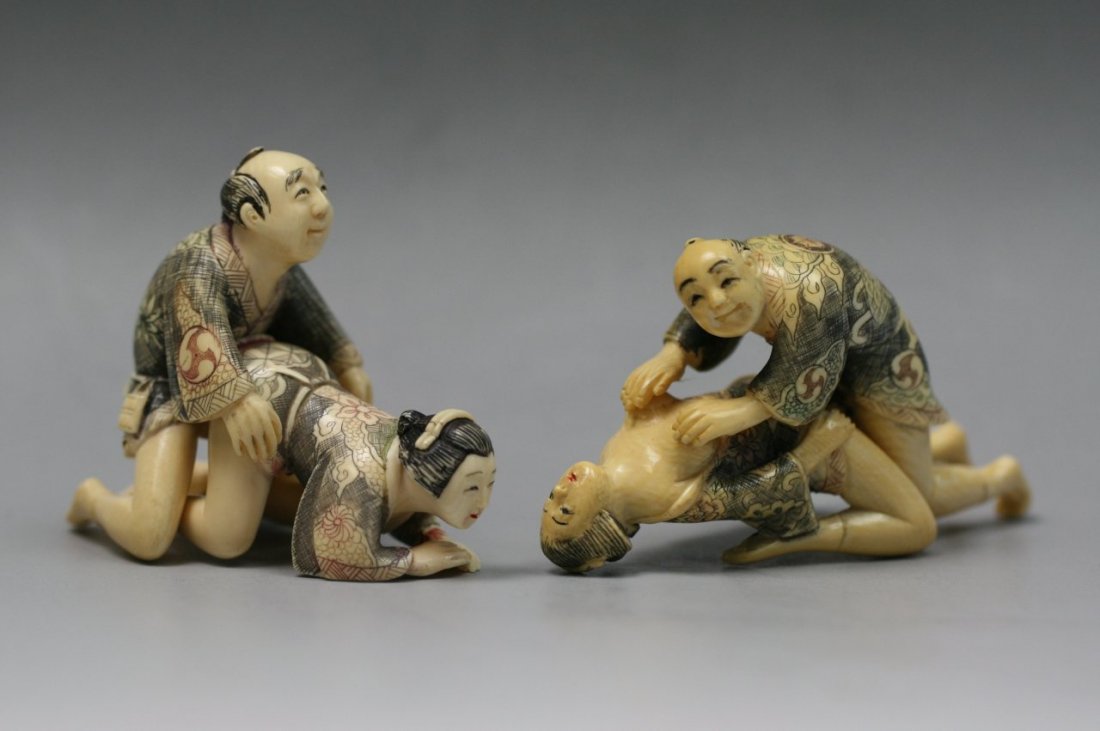 Two Japanese Carved Ivory Shunga: Two Japanese Carved Ivory Shunga; Size: H: 2-1/4"