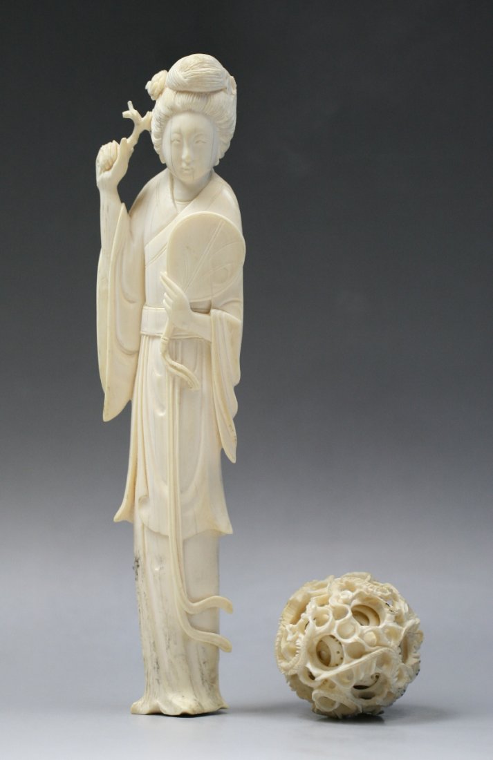 Two (2) Chinese Ivory Beauty & Puzzle Ball: Two (2) Chinese Ivory Beauty & Puzzle Ball: Size: H: 7"