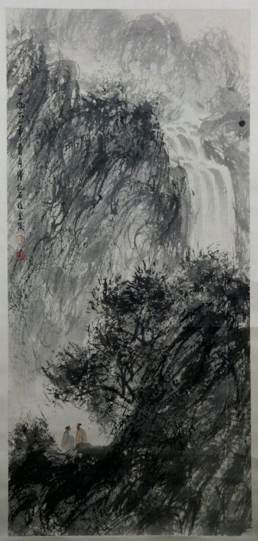 A Chinese Painting Hanging Scroll by Fu, Baoshi: A Chinese Painting Hanging Scroll by Fu, Baoshi: Landscape, signed by Fu, Baoshi /傅抱石 (1904-1965); Size: (Overall) H: 64-3/4": 22-7/8" (Painting) H: 36-1/2"; W: 16-7/8"ll)