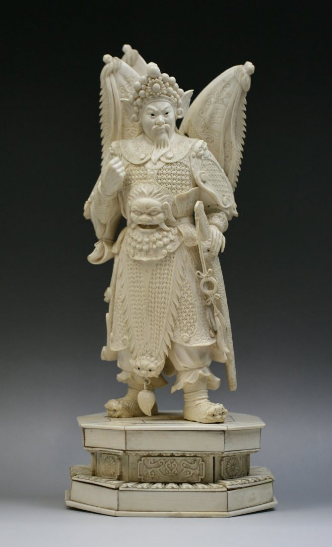 Chinese Ivory Statue Of Yue Fei: Chinese Ivory Statue Of Yue Fei: well carved as Yue, Fei wearing a fully decorated armor while standing on a octagonal plinth, of Minguo Period; Size: H: 12-1/4"