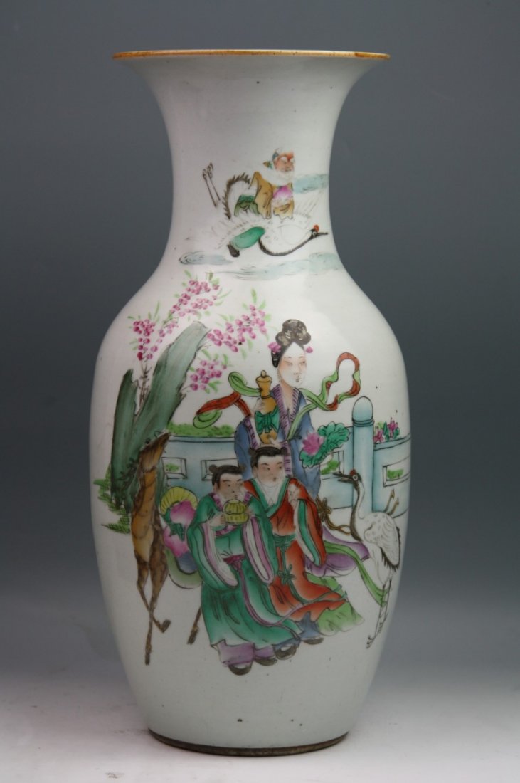 Large Chinese Antique Famille Rose Porcelain Vase: Large Chinese Antique Famille Rose Porcelain Marriage Vase: depicting the scene of figures, cranes and deer in garden with rockery and flowers; with calligraphy poem; Minguo period; Size: H: 17-1/4"
