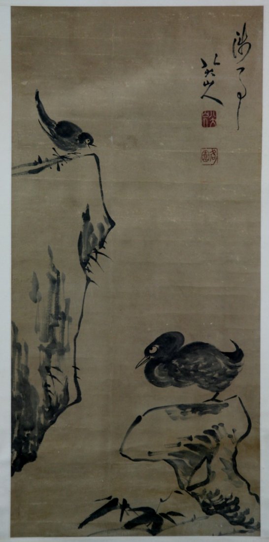 A Paper Hanging Painting Scroll By Bada Shanren: A Chinese Paper Painting Hanging Scroll: by Bada Shanren; Size: (overall) H: 82-1/4" W: 27-3/4" ; (painting) H: 43-1/8" W: 20-1/4"