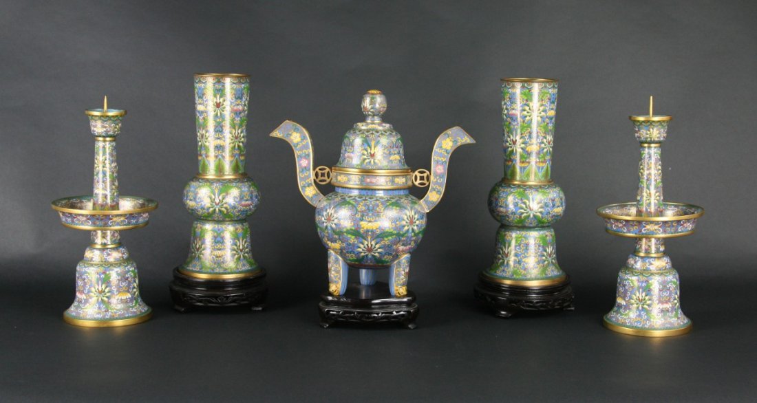 Set Of Five (5) Antique Gilt Cloisonne Garniture: Set Of Five (5) Antique Gilt Cloisonne Bronze Garniture: of Minguo period; Size: (overall) H: 12" ; H: 10-3/8"