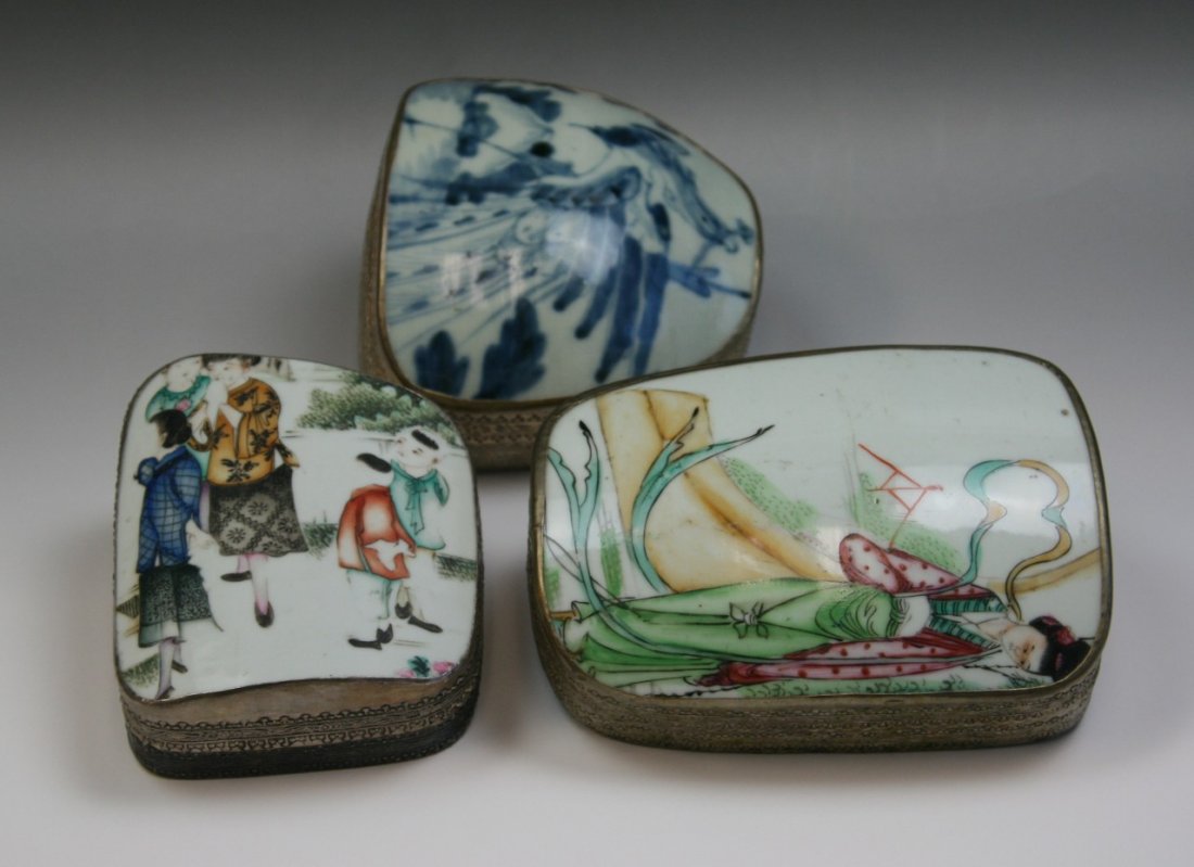 Group Three(3) Trinket Boxes With Porcelain Cover: Group Three(3) Trinket Boxes With Porcelain Cover: The Porcelain Covers are ranged from Late Qing to Minguo Period; Size: L: 6-3/4"; H: 2-1/4"