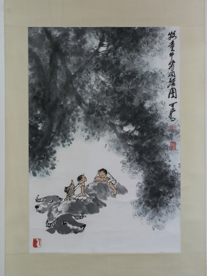 A Fine Paper Hanging Scroll Painting By Li Keran: A Fine Chinese Paper Hanging Scroll Painting: ink and colors on paper, by Li, Keran/李可染, depicting the scene of kids playing on the back of buffalo under a tree; Size: (overall)H: