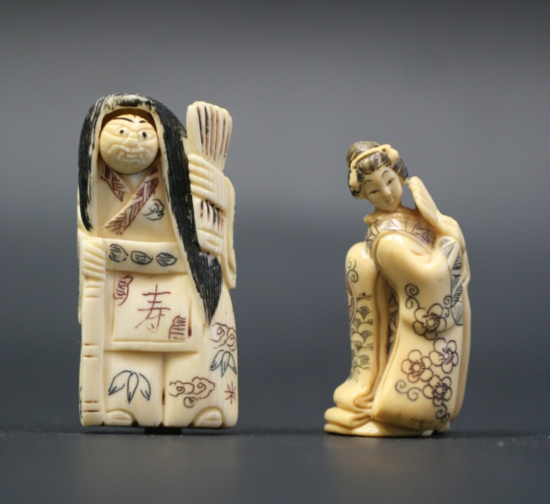 Two Japanese Antique Ivory Netsukes: Two Japanese Antique Ivory Netsukes; Size: H: 2-1/8"
