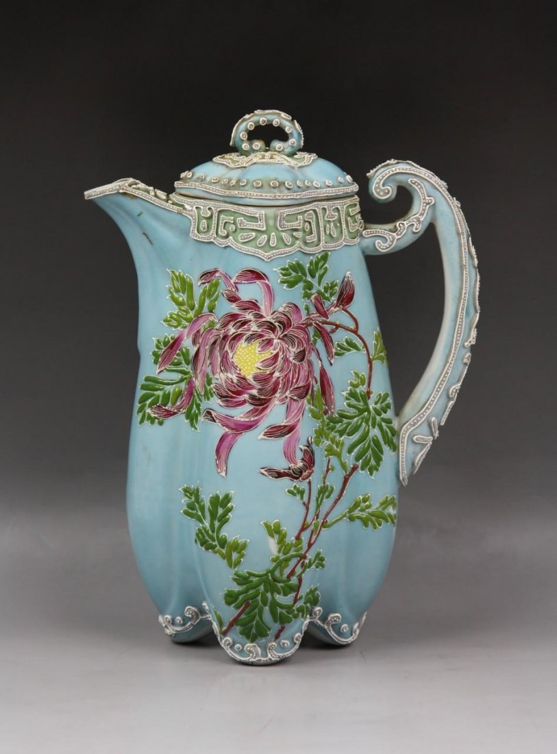 Japanese Nippon Moriage Porcelain Teapot W Cover: Japanese Nippon Moriage Porcelain Teapot With Cover: finely decorated with big blooming chrysanthemums branch over blue ground; Size: H: 9-1/8"