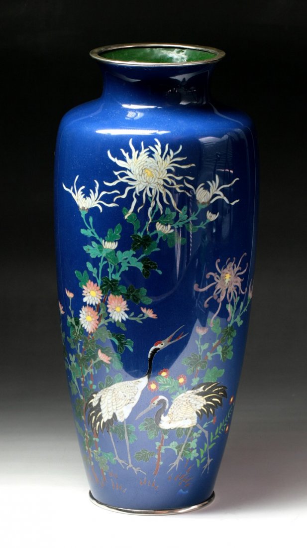 A Fine Japanese Silver Ando Cloisonne Vase: A Fine Japanese Antique Silver Ando Cloisonne Vase: very finely enamelled on the elegant shouldered body with the scene two cranes standing beneath a blooming chrysanthemum blossoms, all reserved on a