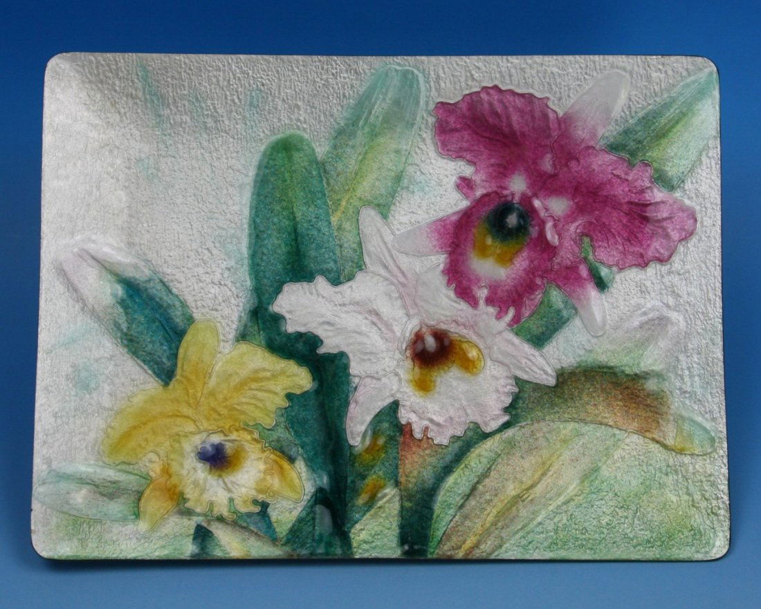 A Japanese Antique Silver Ando Cloisonne Plate: A Japanese Antique Silver Ando Cloisonne Plate: of rectangular shape, finely enamelled with lily blossoms amid its own stems in the middle, of late 19th or early 20th Century; Size: L: 9-1/4"