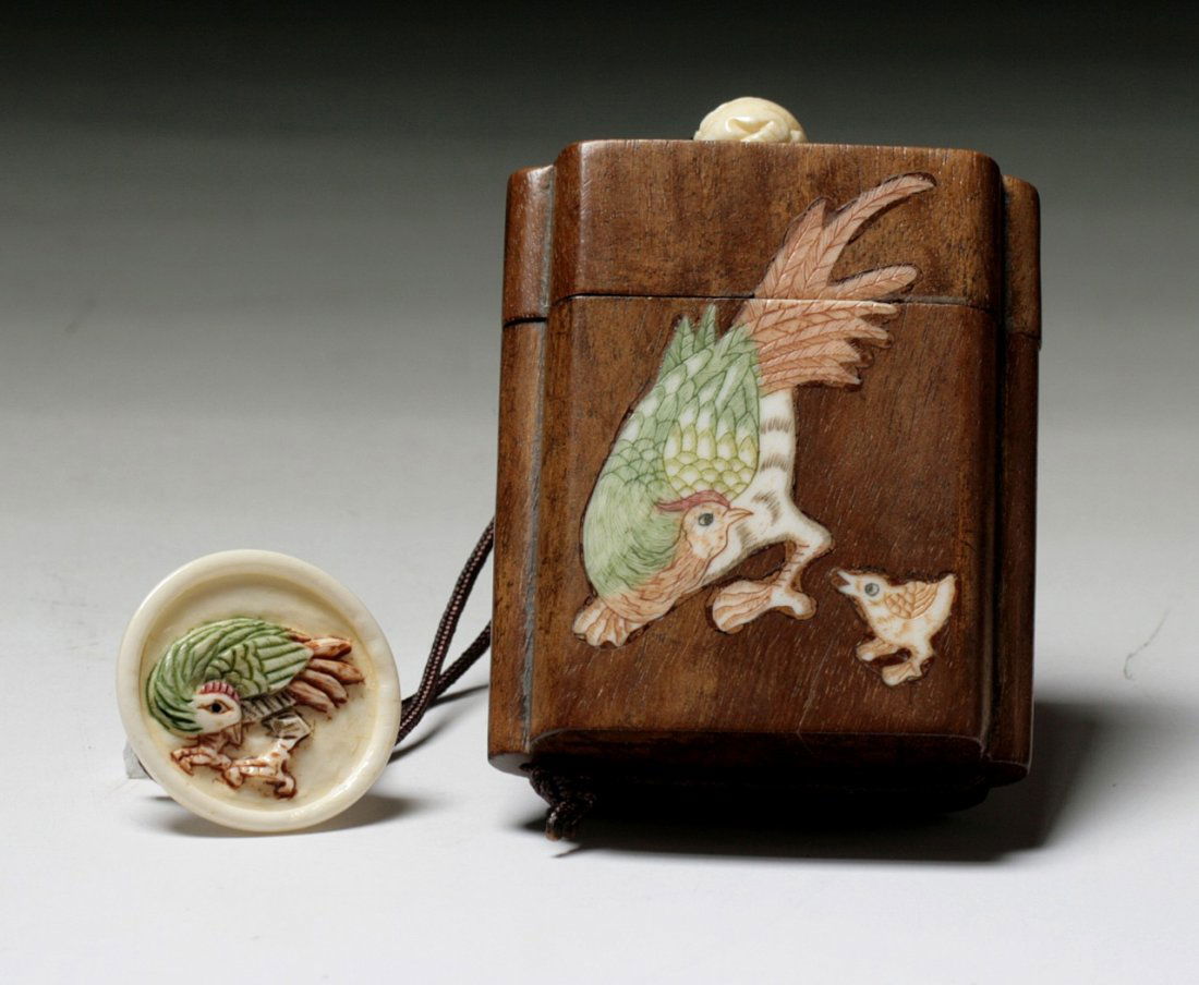A Fine Japanese Antique Wood Inro Suite: A Fine Japanese Antique Wood Inro Suite: with inlaid polychrome ivory chickens design on both sides, with ojime bead and round ivory netsuke of polychromed chicken; Size: H: 3"