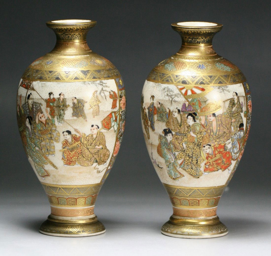 Pair Japanese Antique Gilt Satsuma Vases