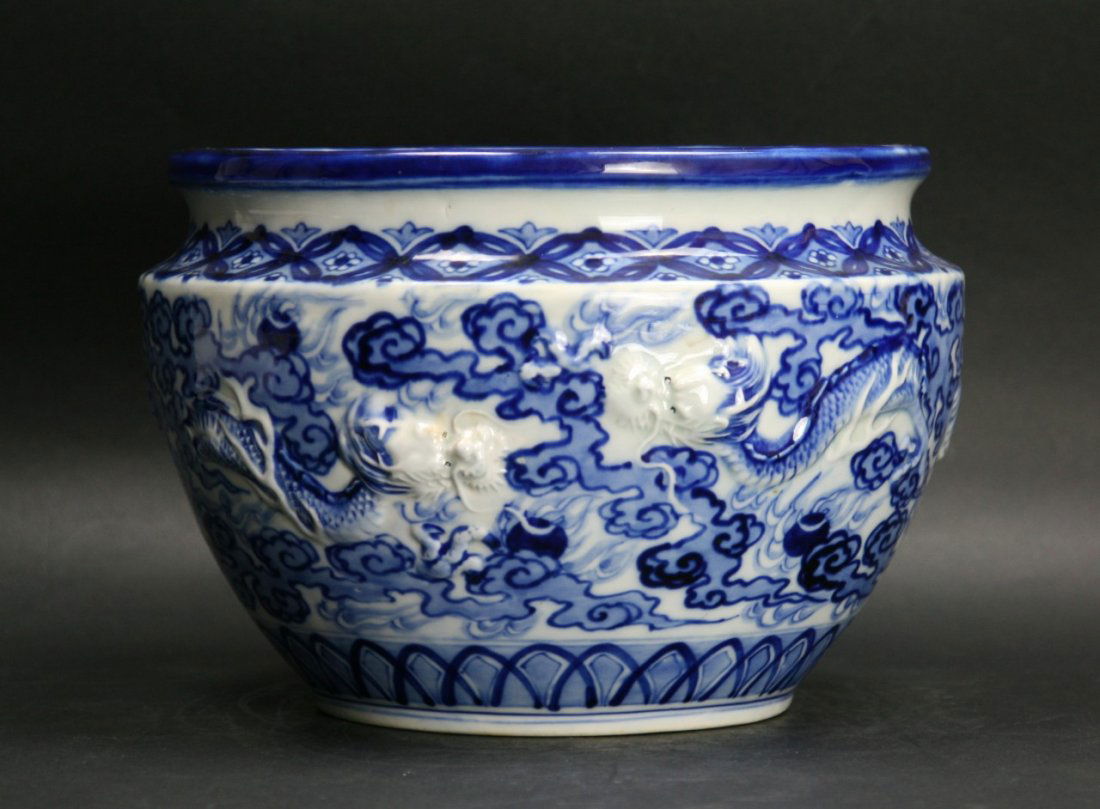 A Japanese Antique Hirado B&W Porcelain Hibachi: A Japanese Antique Hirado Blue & White Porcelain Hibachi: late 19th Century; Size: D: 10"; H: 7"