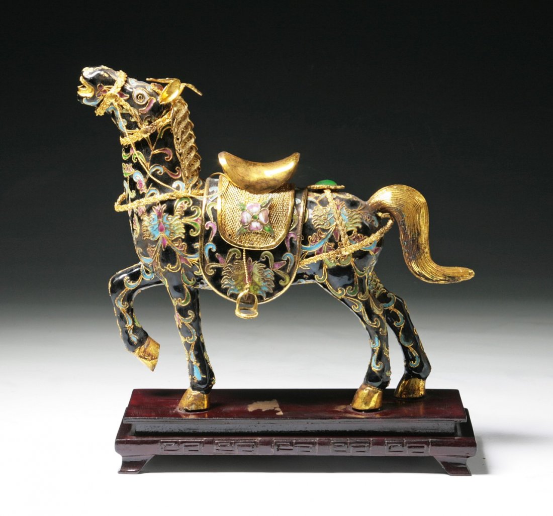 A Chinese Antique Cloisonne Bronze Horse: A Chinese Antique Cloisonne Bronze Horse: presented on wood stand, of Minguo Period; Size: L: 10"; H: 10"