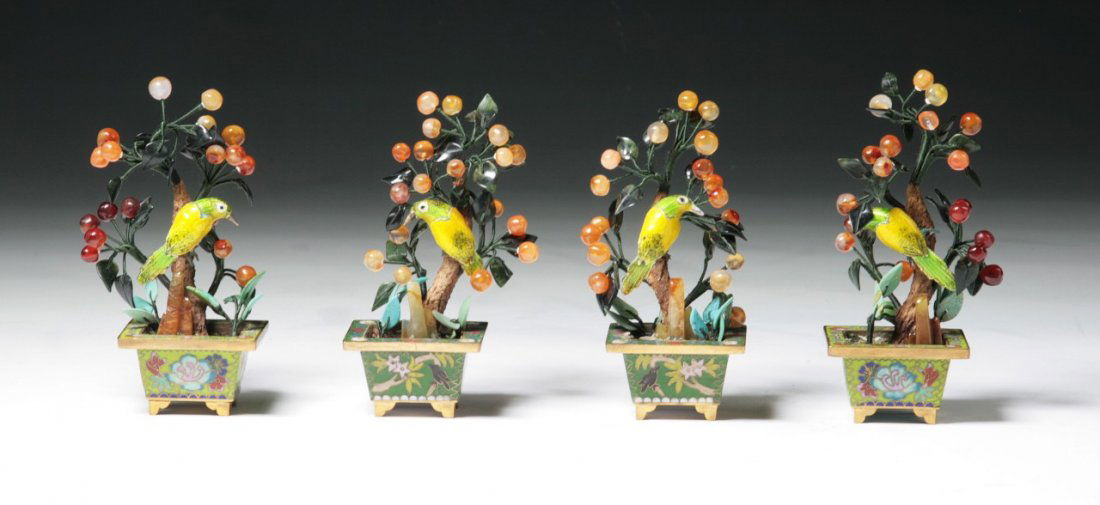 Four (4) Chinese Cloisonne With Jade Bonsai Trees: Four (4) Chinese Cloisonne With Jade Bonsai Trees: birds perched on fruiting trees; Size: H: 4-1/2"(each)