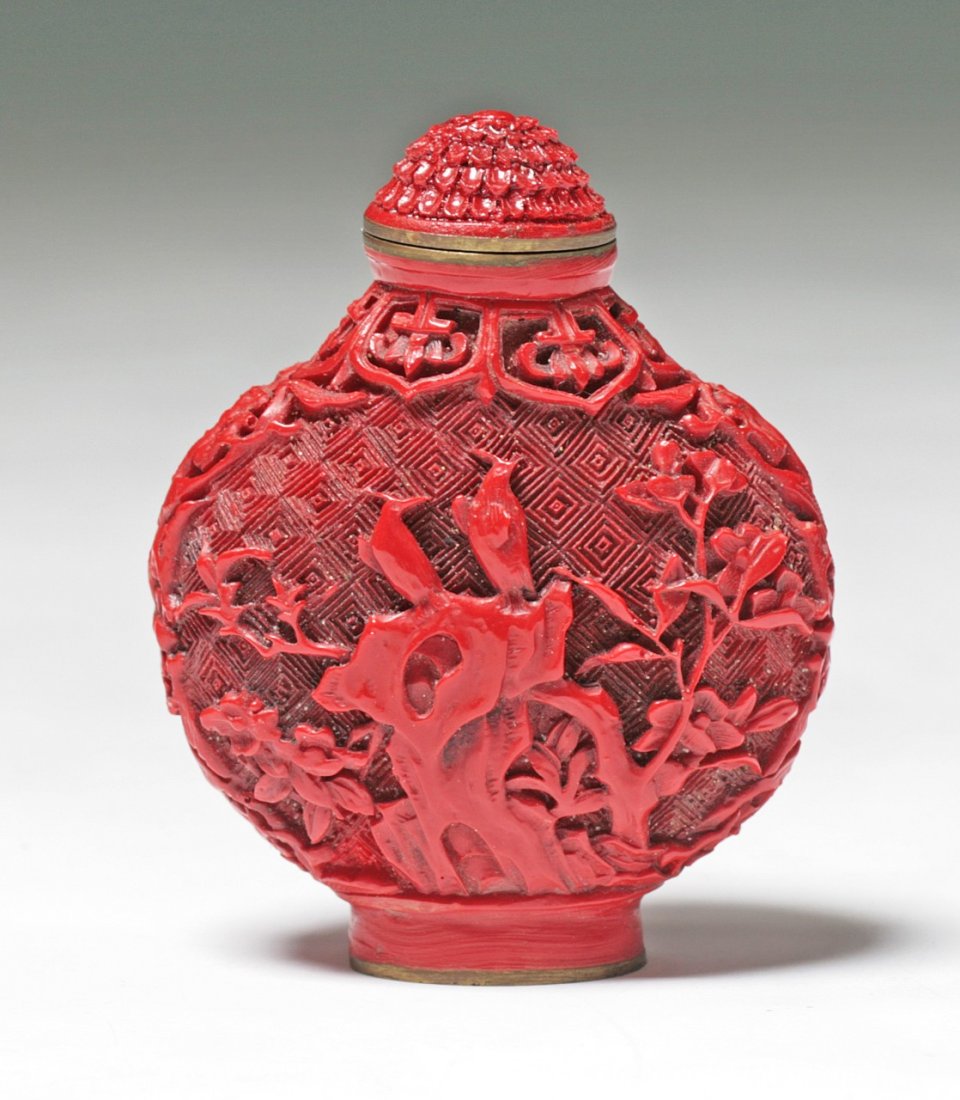 A Chinese Cinnabar Lacquer On Bronze Snuff Bottle: A Chinese Cinnabar Lacquer On Bronze Snuff Bottle; Size: H: 3-1/4"