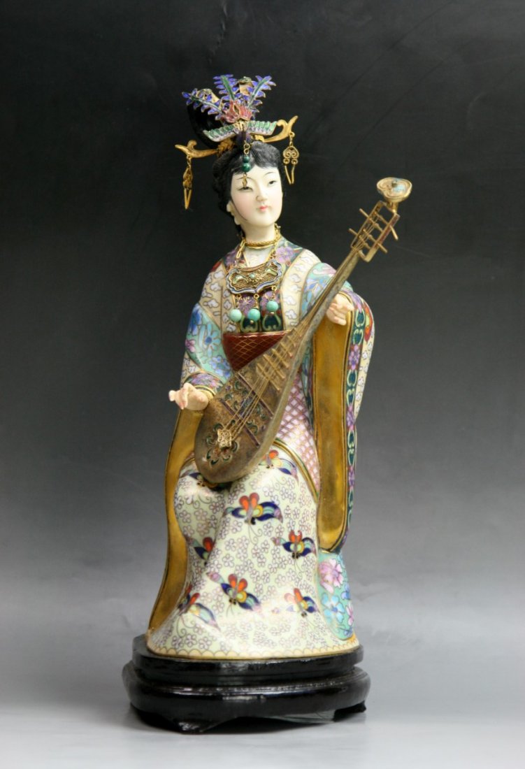 A Chinese Antique Cloisonne & Ivory Beauty: A Chinese Antique Cloisonne & Ivory Beauty: presented on wood stand, of late Qing or Minguo period; Size: H: 11-3/4"