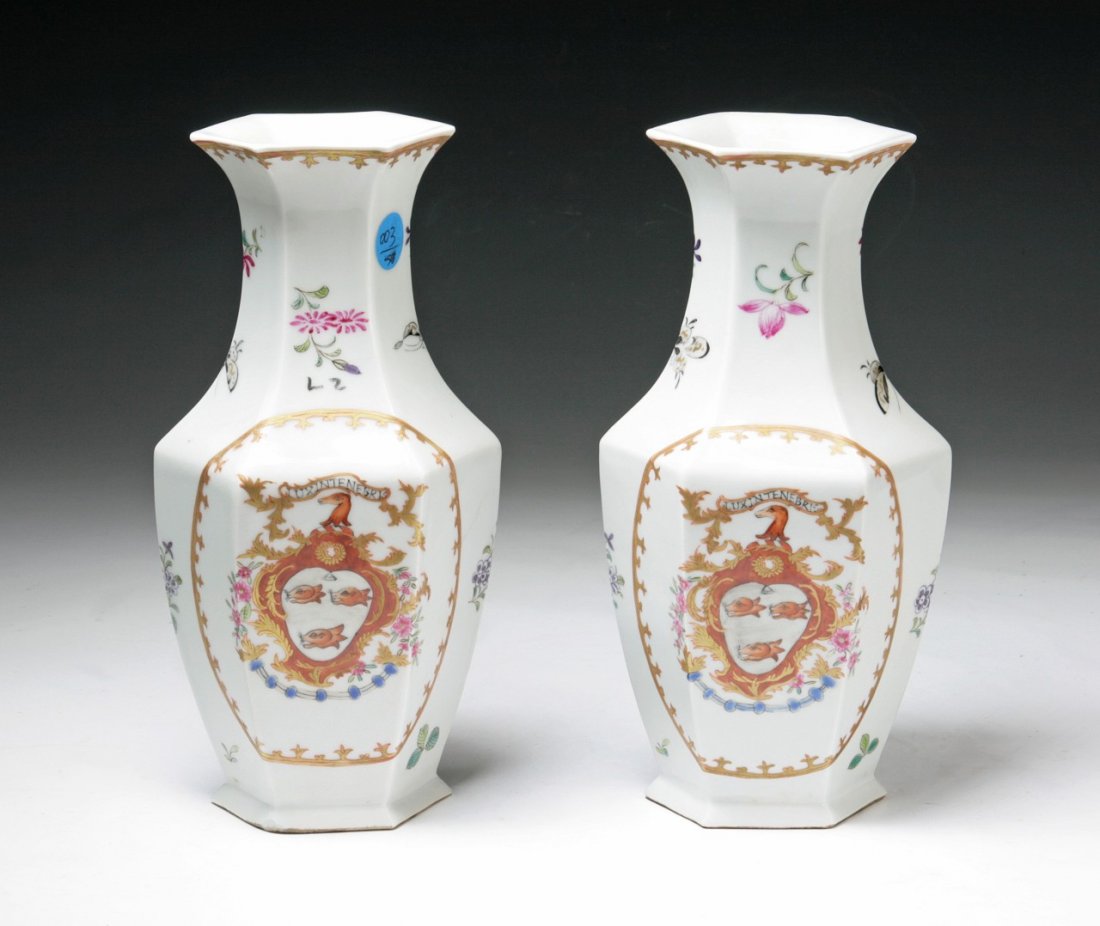 Pair Chinese Antique Famille Rose Porcelain Vases: Pair Chinese Antique Famille Rose Porcelain Vases: both of hexagon shape, probably of Minguo period; Size: H: 9-1/4"