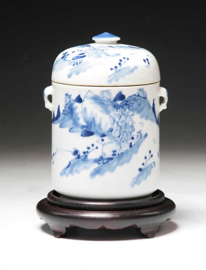 A Chinese Antique B&W Porcelain Tea Caddy: A Chinese Antique B&W Porcelain Tea Caddy: with cover and matching wood stand, of Minguo period; Size: H: 6-1/4"; (overall) 7-3/4"