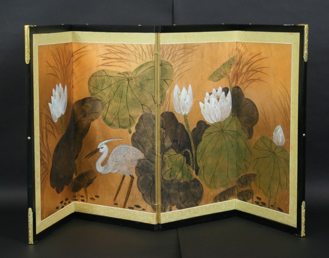 A Chinese Antique Four-Panel Screen: A Chinese Antique Four-Panel Screen; Size: H: 24-1/2"; W: 48"