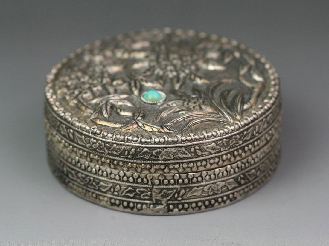 An Antique Chinese Silver Jewelry Box With Mirror: Antique Chinese Silver Jewelry Box With Mirror: Inlaid Turquoise, 19th century; Size: D: 3-1/2"