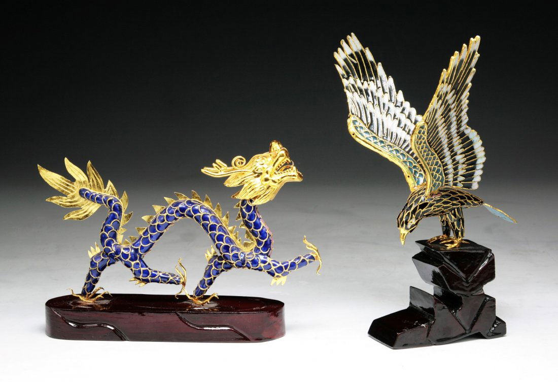 Two (2) Chinese Vintage Cloisonne Figures: Two (2) Chinese Vintage Cloisonne Figures: One figure of a dragon and the other a eagle, both presented on wood stands, of early 20th Century; Size: H: 8" (biggest)