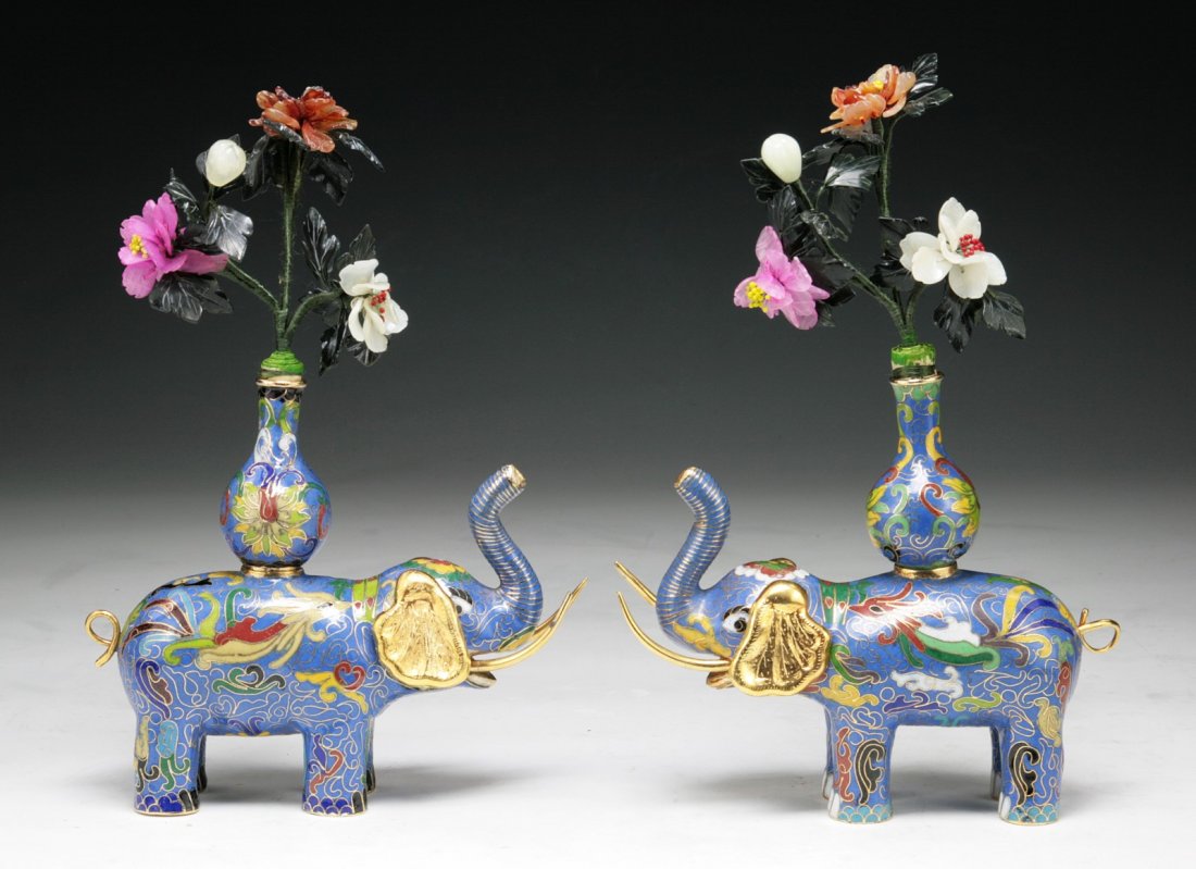Pair of Chinese Antique Cloisonne Blue Elephants &: Pair of Chinese Antique Cloisonne Blue Elephants & Bonsai Trees: of early 20th Century; Size: H: 9-3/4"