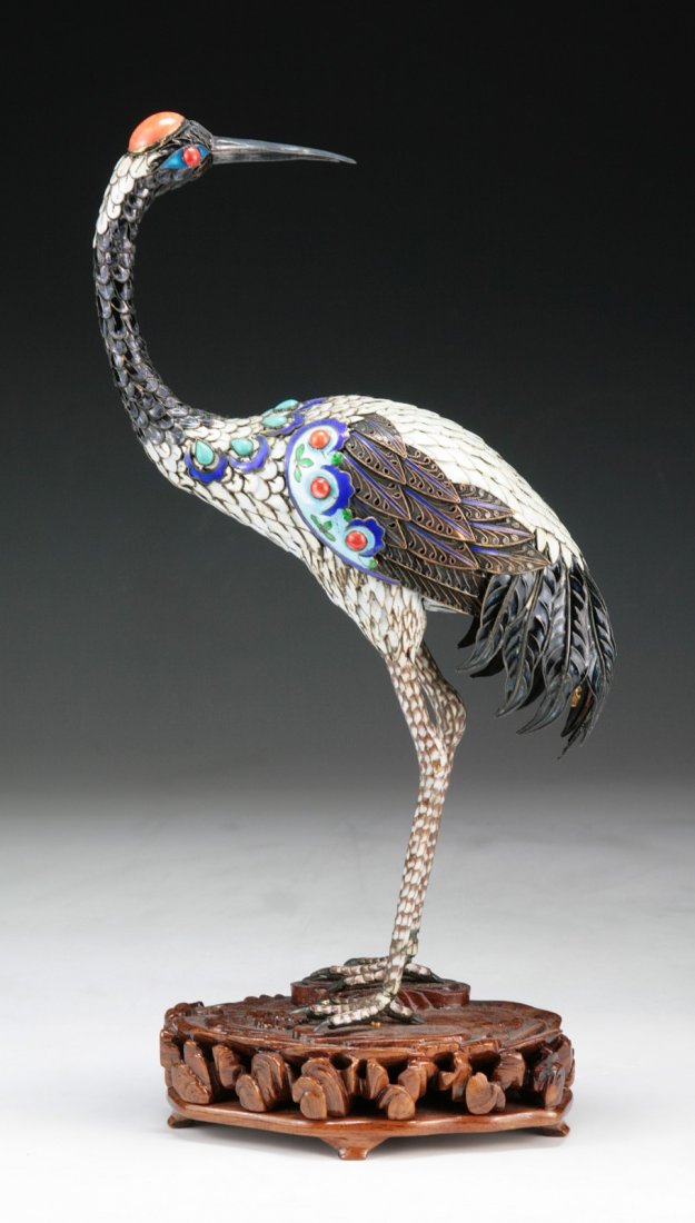 A Fine Chinese Antique Qing Jeweled Cloisonne Crane