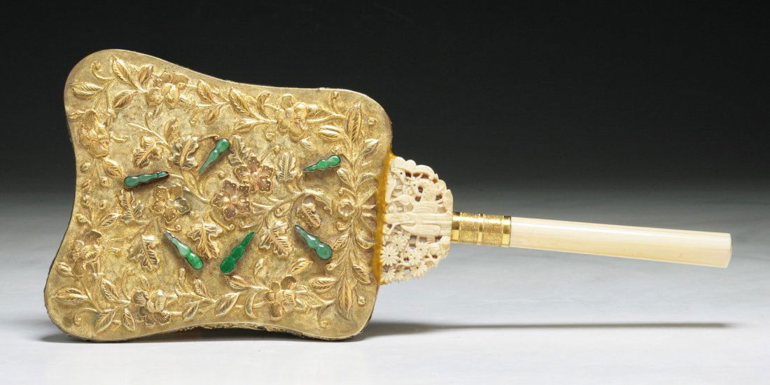 A Chinese Antique Mirror With Jadeite & Ivory Handle: 清中晚期 嵌翡翠象牙手柄鎏金銅鏡 A Chinese Antique Mirror With Jadeite & Ivory Handle: of Qing Dynasty; Siz