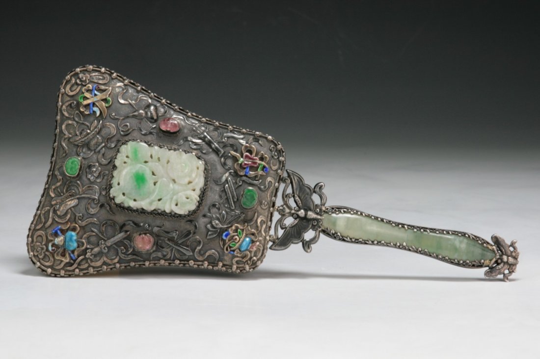 Antique Jadeite Inset Hand Mirror: 清 銀燒藍嵌翡翠碧璽暗八仙紋鏡 Antique Jadeite Inset Hand Mirror: Antique Chinese repousse silver hand mirror, of