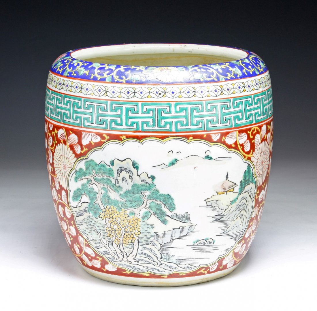 A Japanese Antique Famille Rose Porcelain: 十九世紀 日本有田燒五彩開光火钵 A Japanese Antique Famille Rose Porcelain: circa 1800; Size: H: 8-1/2"; D: