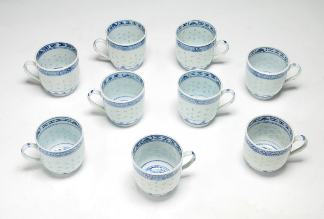 Nine (9) Chinese Antique Blue & White Rice Glazed: Nine (9) Chinese Antique Blue & White Rice Glazed Porcelain Tea Cups: of Minguo period; Size: D: 2-1/4"