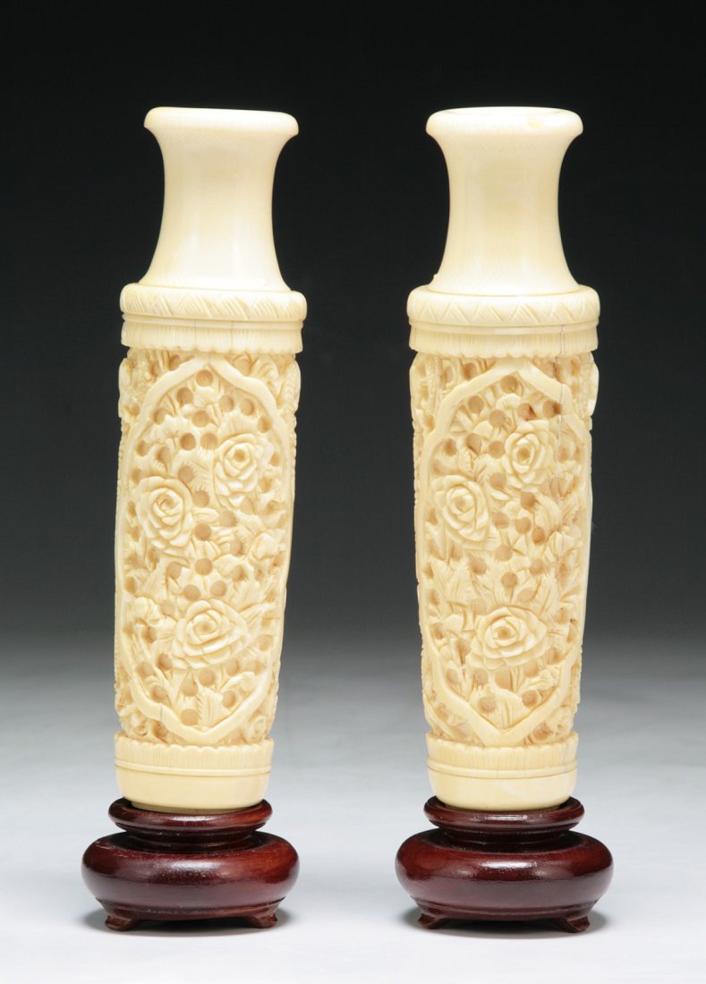 Pair of Chinese Antique Carved Ivory Vases