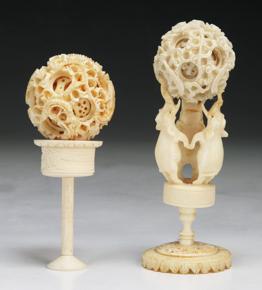Two (2) Chinese Antique Ivory Carved Puzzle Balls &: Two (2) Chinese Antique Ivory Carved Puzzle Balls & Stands; Size: H: 5-3/4"; (Ball) D: 2"