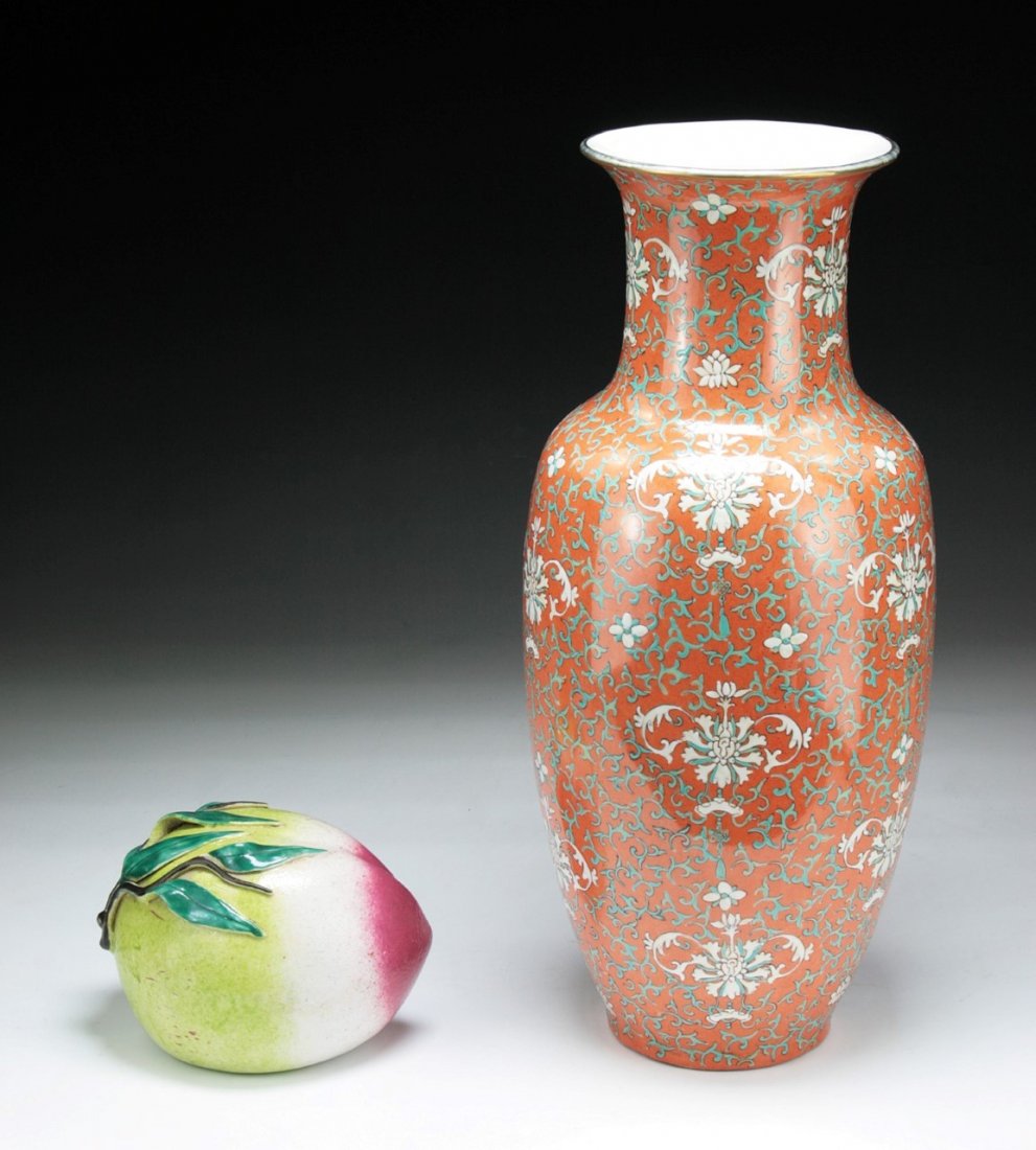 Two (2) Chinese Antique Porcelain Peach & Vase: Two (2) Chinese Antique Porcelain Peach & Vase: vase of mid 20th Century, peach of Minguo period; Size: H: 16" (vase)