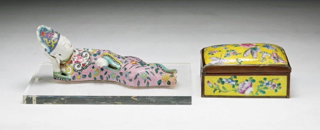 Two (2) Chinese Famille Rose Porcelain Items: Two (2) Chinese Famille Rose Porcelain Items: one figure with restoration, one bowl with a cover comprised of yellow-glazed porcelain plaques, both of late Qing Dynasty to Minguo Period; Size: L: 9" (