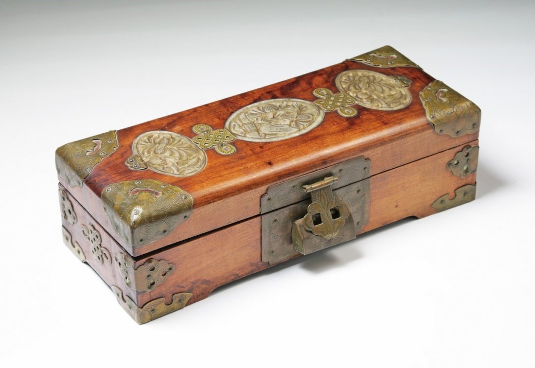 A Chinese Antique Wood Jewelry Box With Cover: A Chinese Antique Wood And Jade Jewelry Box: inlaid with jade plaques on the cover, of late Qing Dynasty to Minguo period; Size: L: 10"