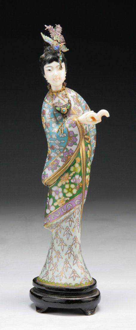A Chinese Antique Cloisonne & Ivory Beauty: A Chinese Antique Cloisonne & Ivory Beauty: presented on a wood stand, of late Qing or Minguo Period; Size: H: 10-1/4"