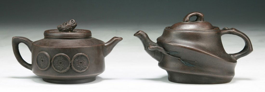 Two (2) Chinese Yixing Zisha Teapots: Two Chinese Yixing Zisha Teapots: both signed on the bases; Size: L: 6" (biggest)