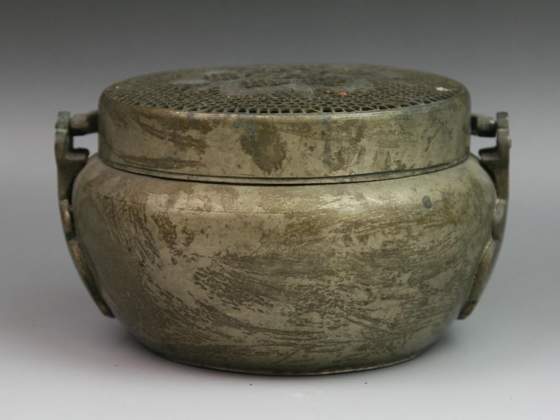 Vintage Chinese White Brass Hand Warmer: Vintage Chinese White Brass Hand Warmer: with hollow-carved flower design cover: with antique certificate red seal inside of the cover: Minguo period; Size: W: 6-3/4" H: 3-3/4"