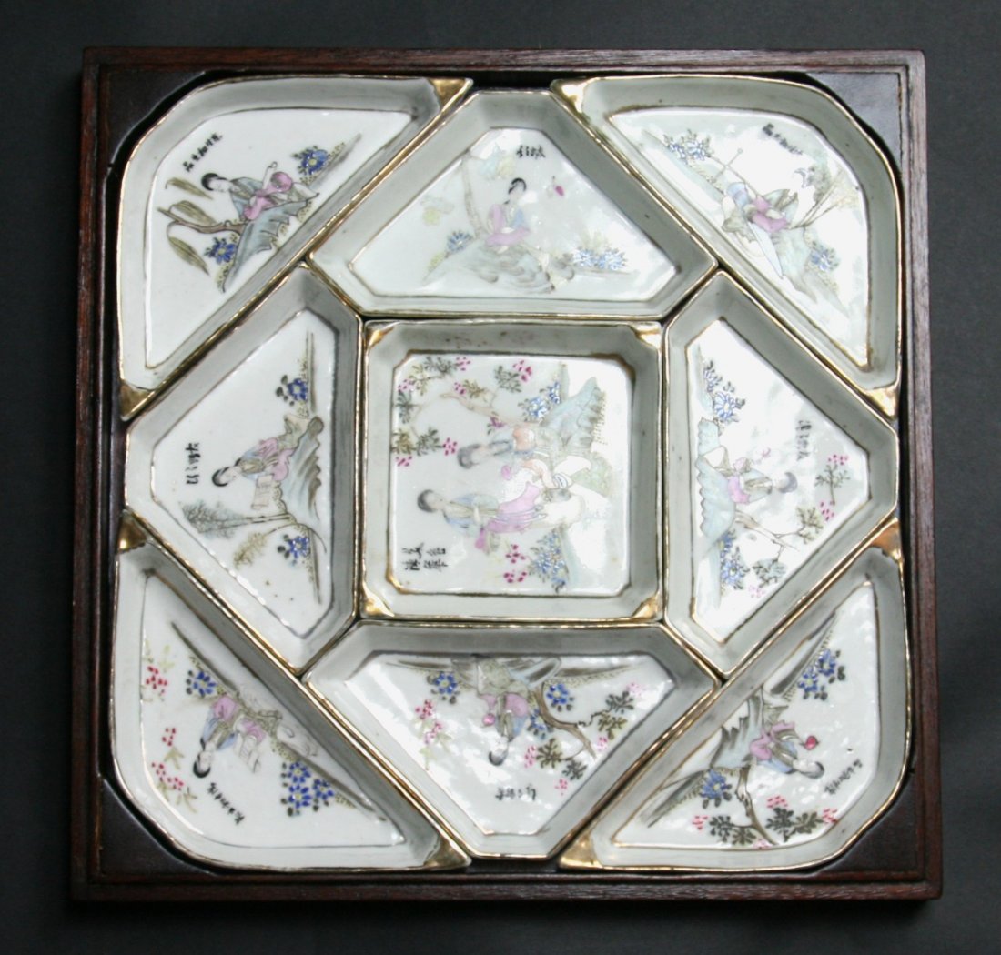 Set Of Chinese Famille Rose Sweet Meat Trays: Set Of Chinese Famille Rose Sweet Meat Trays: all nine dishes are of three different shapes, the set in wood box, of Minguo period Size: L: 11-1/2"