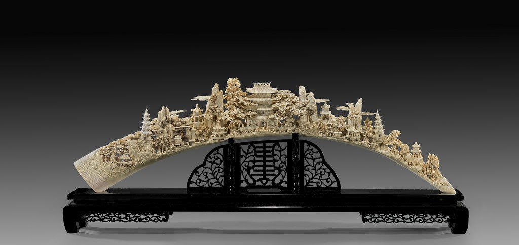 A Massive Superb Imperial Carved Ivory Bridge: A Massive Superb Imperial Carved Ivory Bridge: massive and very rare, elaborately and intricately detailed carved in full openwork, Chinese ivory bridge with figural and landscape scenes of pavillions