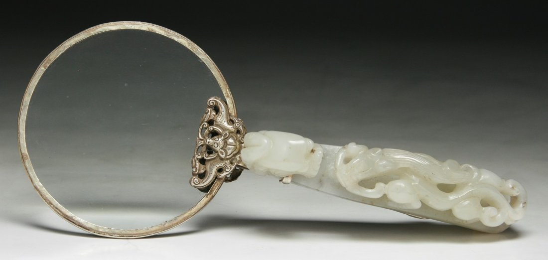 A Chinese Magnifier With Jade Or Stone Handle: A Chinese Magnifier With Jade Or Stone Handle; Size: L: 7"