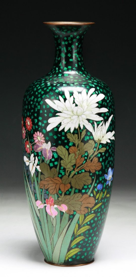 A Japanese Antique Silver Ando Cloisonne Vase: A Japanese Antique Silver Ando Cloisonne Vase: of late 19th Century; Size: H: 12-1/4"