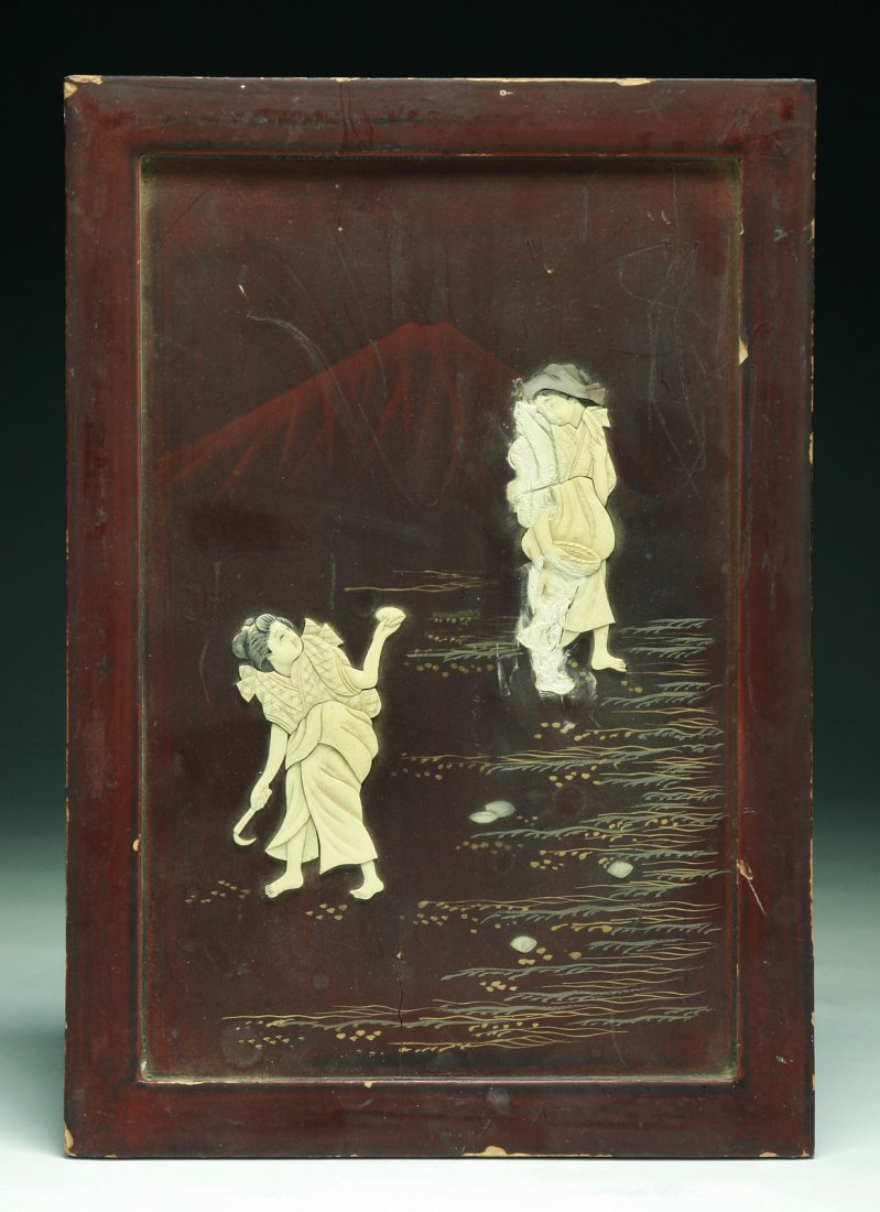 A Japanese Antique Ivory & Wood Applique: A Japanese Antique Ivory & Wood Applique; Size: H: 11-3/4"; W: 8-1/4"