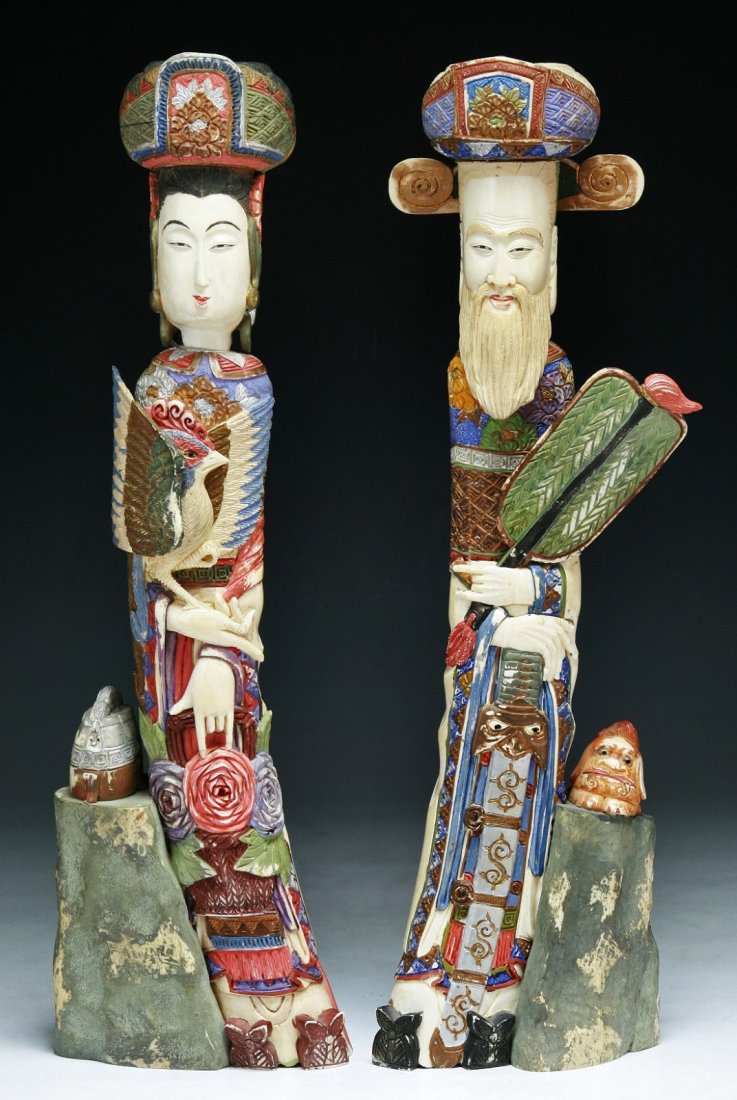 Pair of Japanese Antique Polychrome Ivory Figures: Pair of Japanese Antique Polychrome Ivory Figures; Size: H: 15-1/2"
