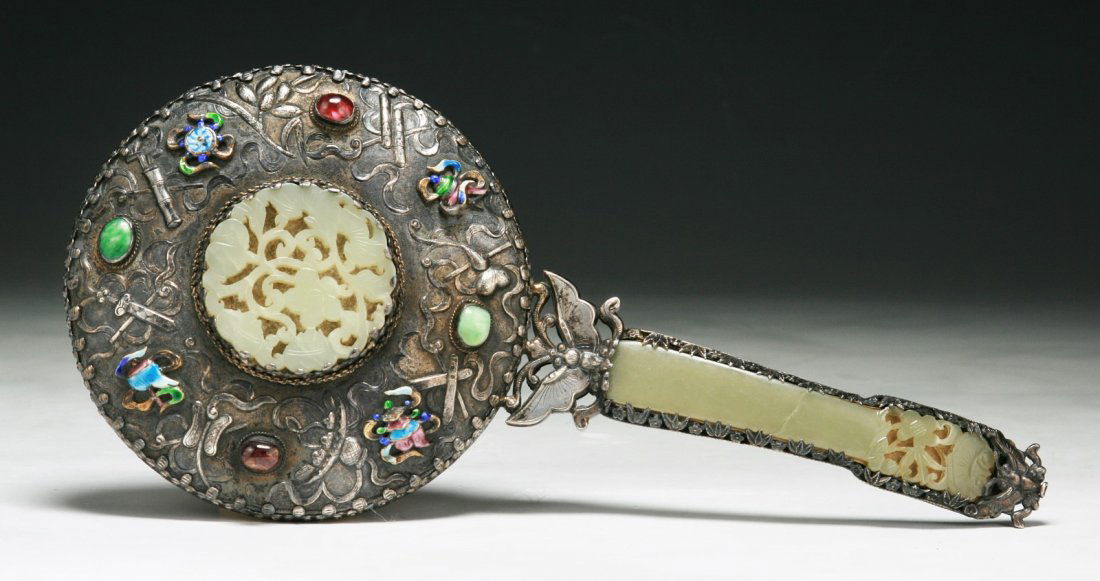 A Chinese Antique Export Jade & Jeweled Silver Mirror: 清 銀燒藍浮雕暗八仙嵌翡翠碧璽玉手柄鏡 A Chinese Antique Export Jade & Jeweled Silver Hand Mi