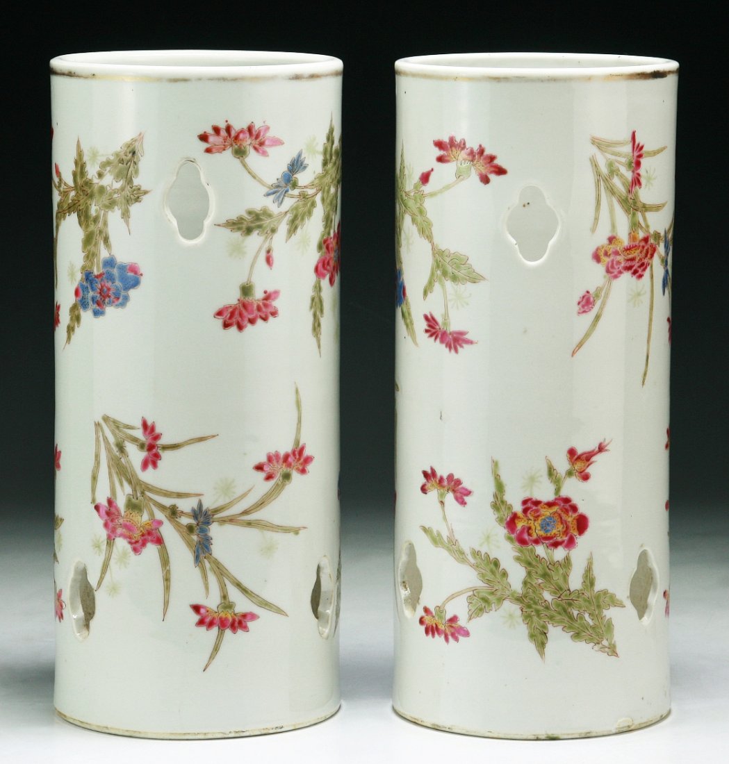 Pair Chinese Antique Famille Rose Hat Pots: Pair Chinese Antique Famille Rose Hat Pots: of Minguo period; Size: H: 11-1/2” (each)