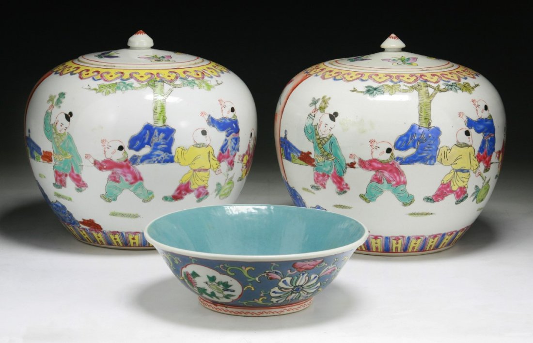 Three (3) Chinese Antique Porcelain Jars & Bowl: Three (3) Chinese Antique Porcelain Jars & Bowl: of Minguo Period; Size: D: 9-1/2" (biggest)
