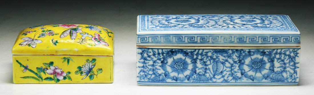Two (2) Chinese Antique Porcelain Square Boxes: Two (2) Chinese Antique Porcelain Square Boxes: one blue & white, signed inside and of Qing Dynasty, one famille rose and of Minguo Period; Size: L: 7-1/2" (biggest)